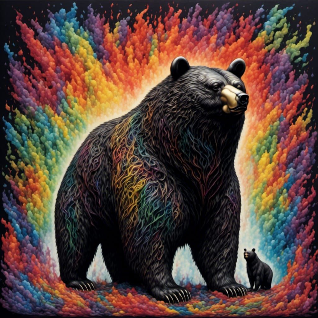 Obese Bear in Dark Noir Surrealism with Rainbow Eyes