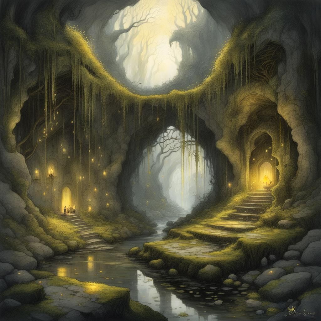Magical Cave Illuminated by Fireflies, Hyperdetailed Art