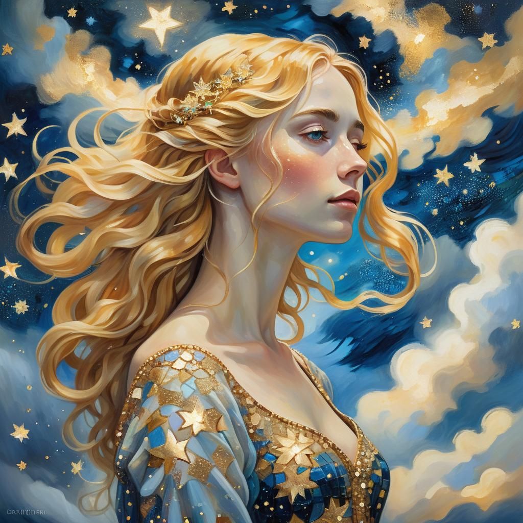 Golden Haired Woman in Starry Impressionist Oil Painting