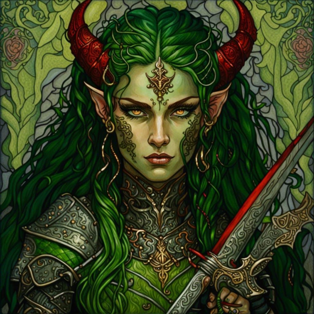 Tiefling Warrior Portrait in Fantasy Style