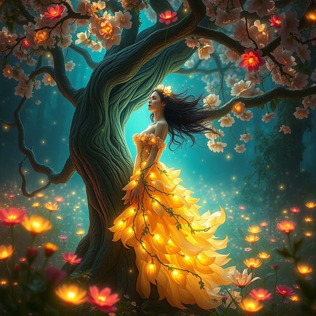 Flower Spirit Emerges in Bioluminescent Grove, Art Nouveau
