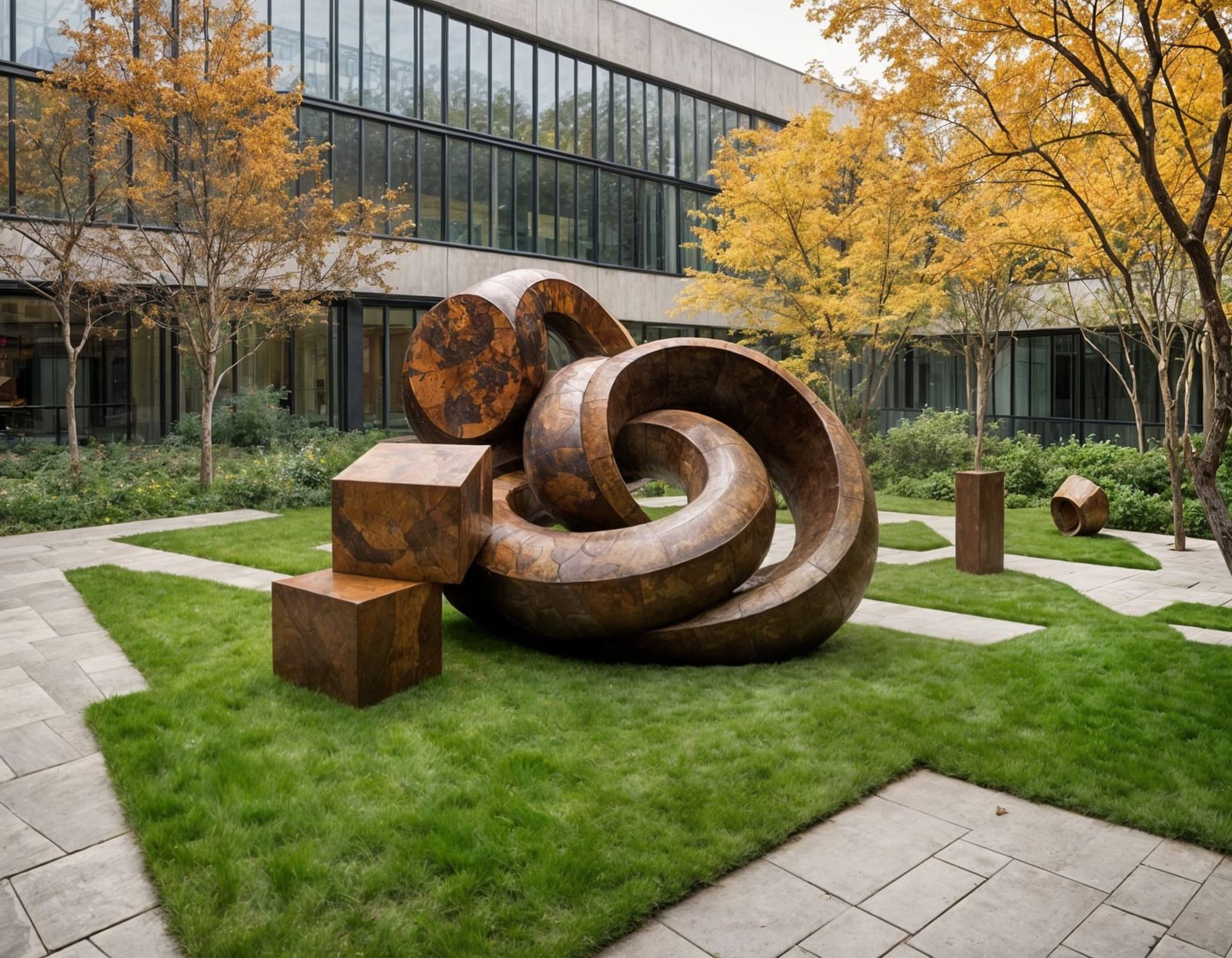 Giant Cat-Snake Sculpture in Rusty Wooden Cubes