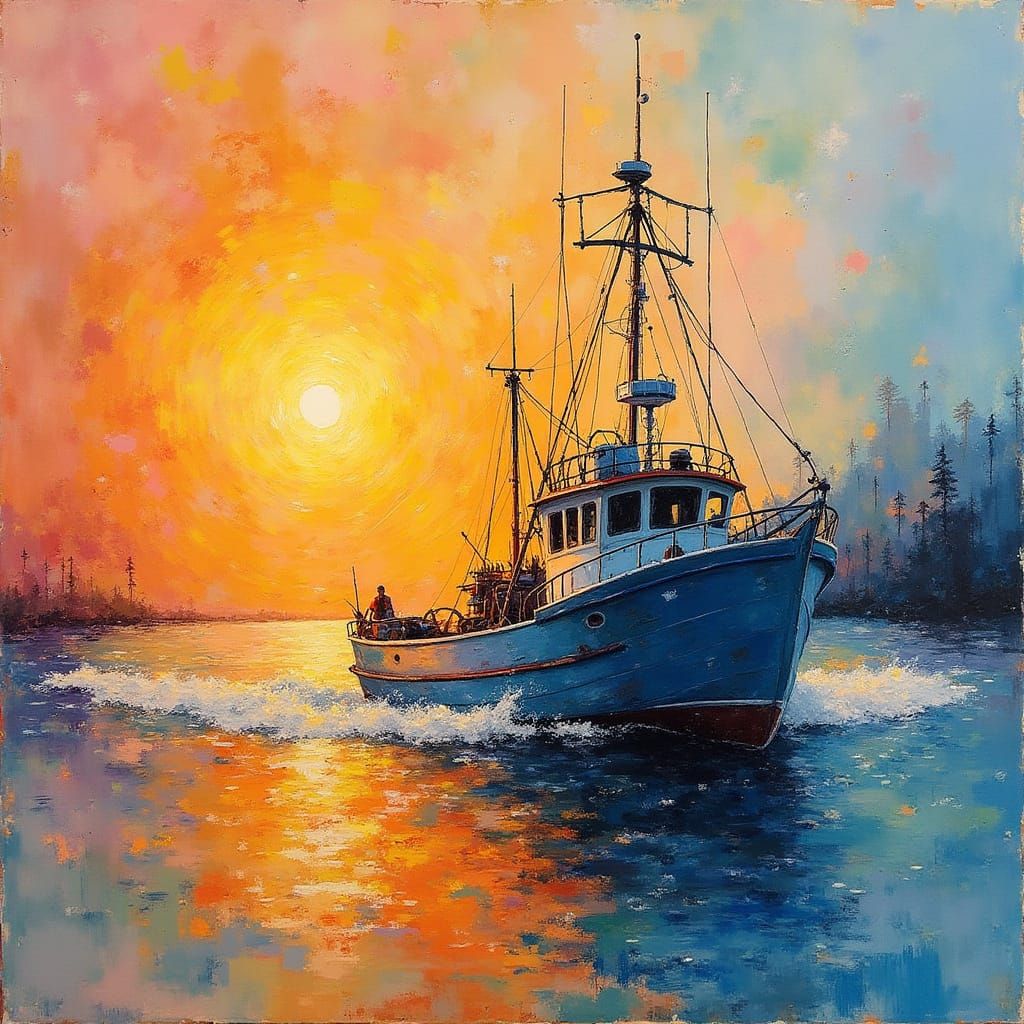 Alaska Fishing Boat Sunset with Abstract Paint Splashes
