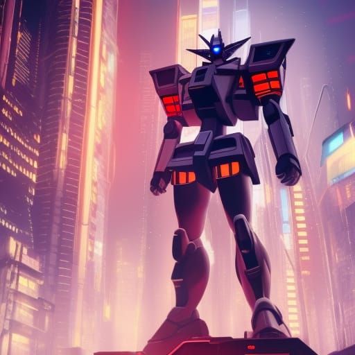 Cyberpunk Character with Gundam in Cityscape