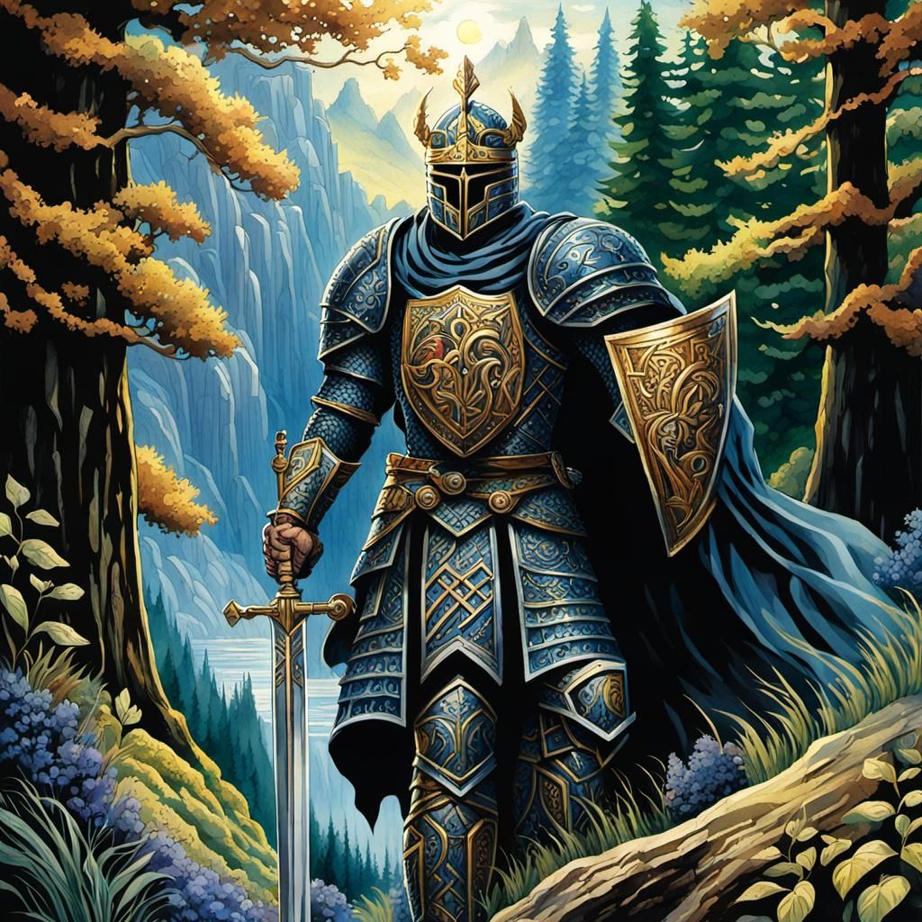 High Gothic Knight in Watercolor Forest