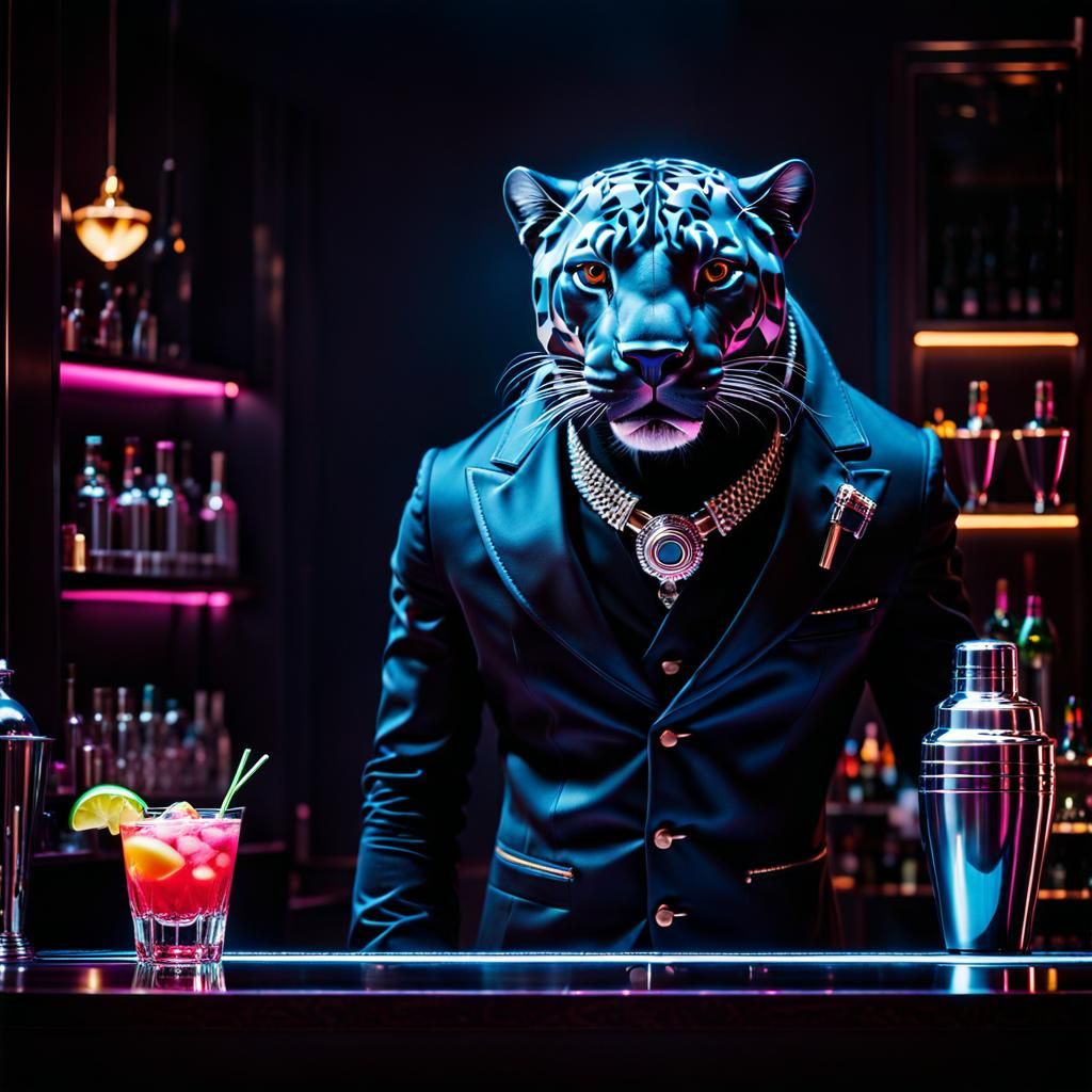 Panther Bartender Mixing Cocktail in Modern Neon Bar