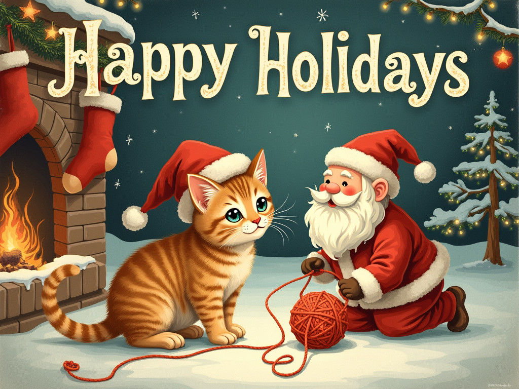 Festive Kitten Holiday Scene in Vintage Illustration Style