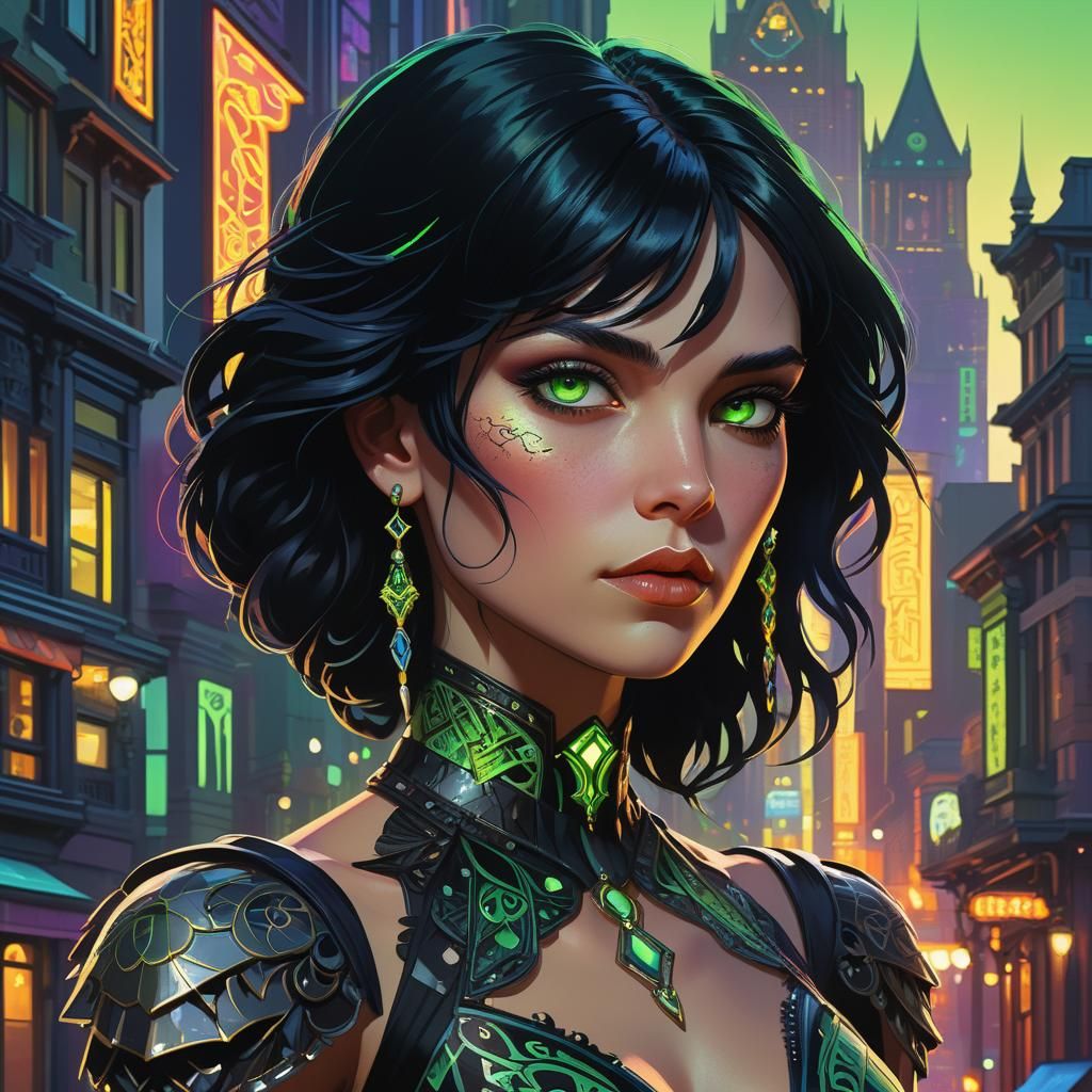 Art Nouveau Portrait in Neon Cityscape