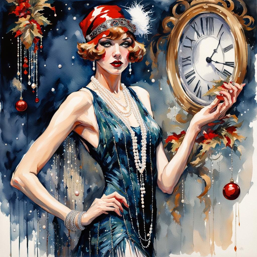 Christmas Flapper Girl in Art Nouveau Style