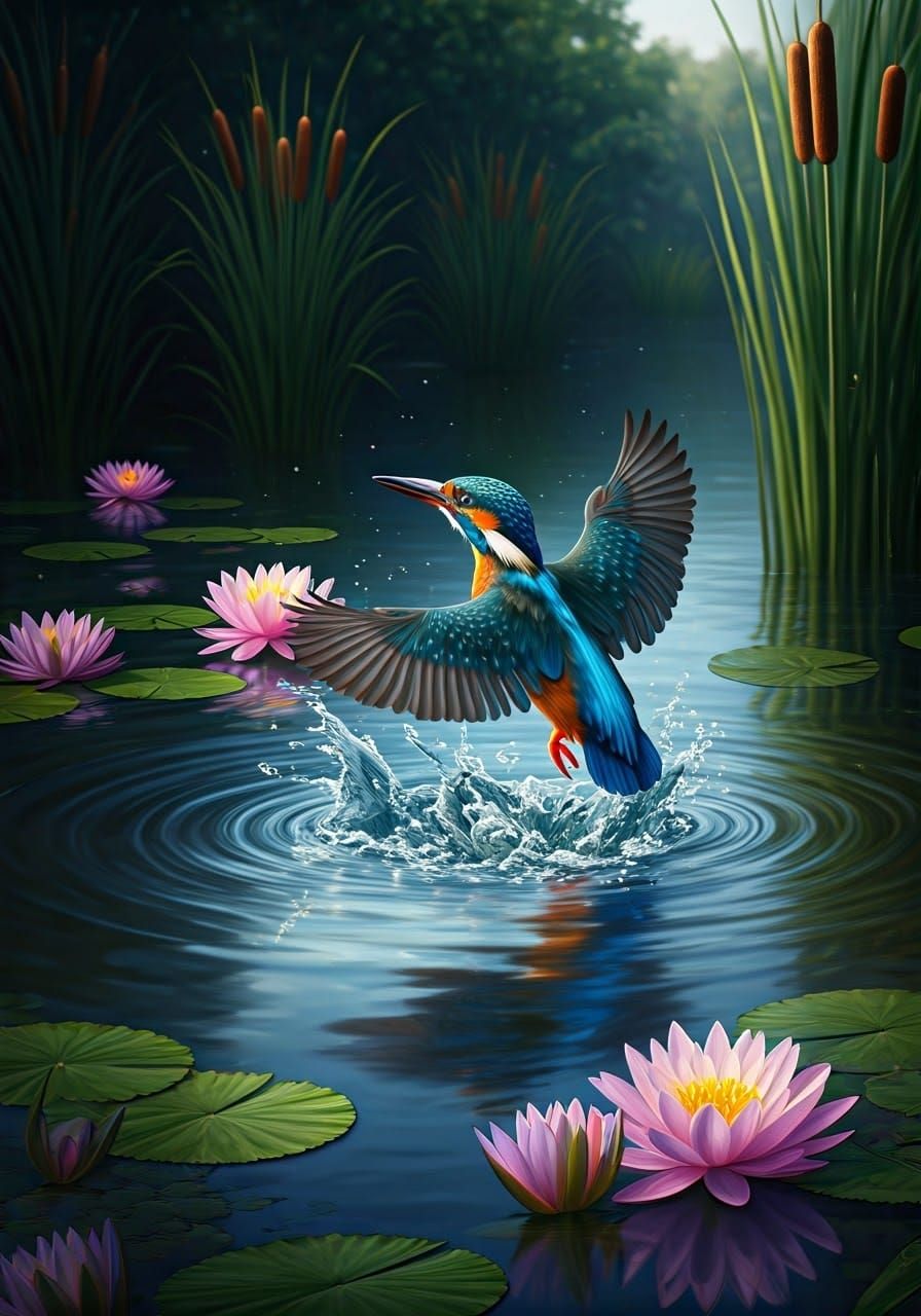 Kingfisher Diving into a Serene Lake