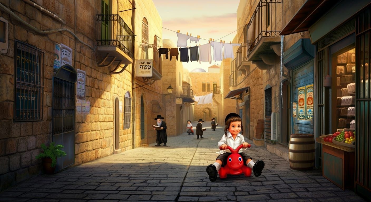 Joyful Hasidic Boy Rides Toy Down Jerusalem's Historic Stree...