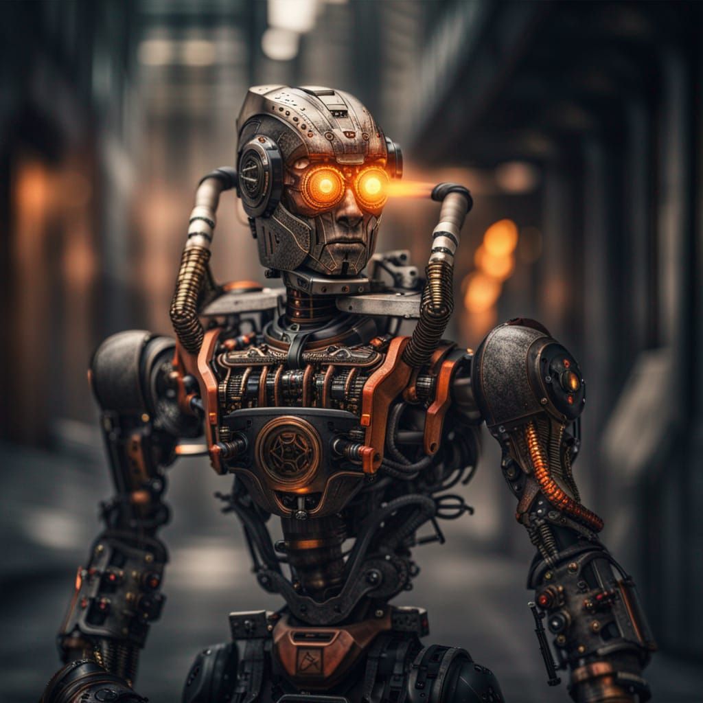 Hyperrealistic Humanoid Robot Wielding a Flamethrower