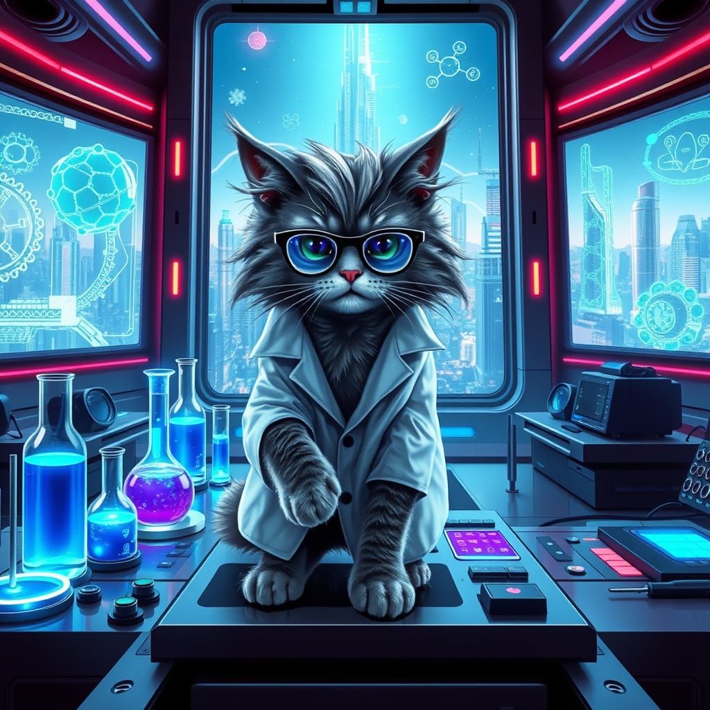 Cyberpunk Feline Scientist in Futuristic Laboratory