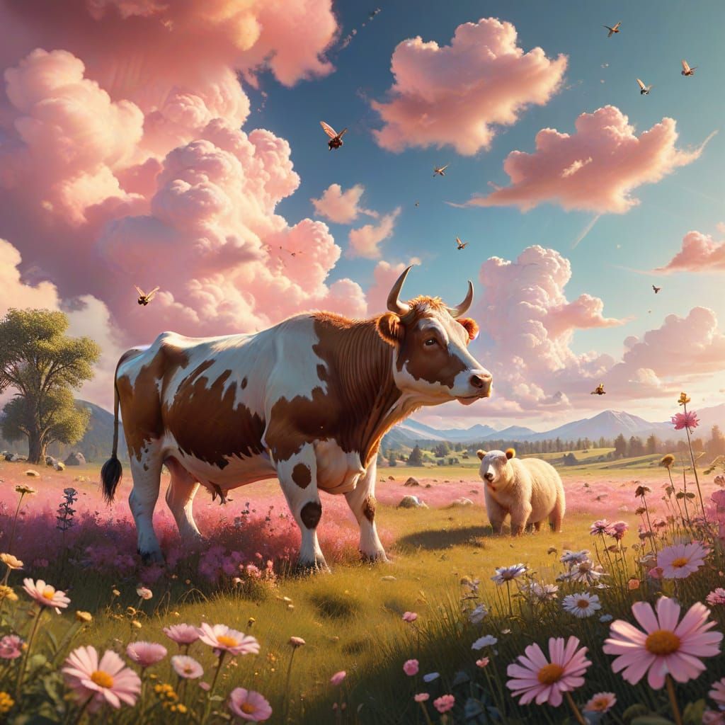 Cow and Bear in Sunny Meadow: Whimsical Fantasy Art