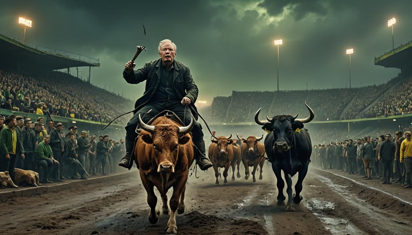 Cinematic Painting: Kaczyński Rides a Cow in Stadium