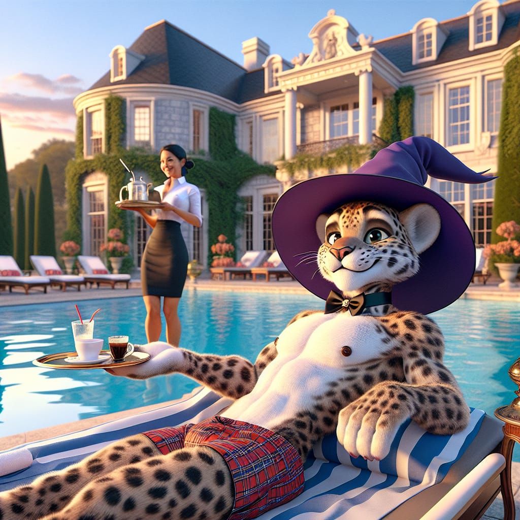 Leopard in Witch Hat Relaxes Poolside: 3D Digital Art