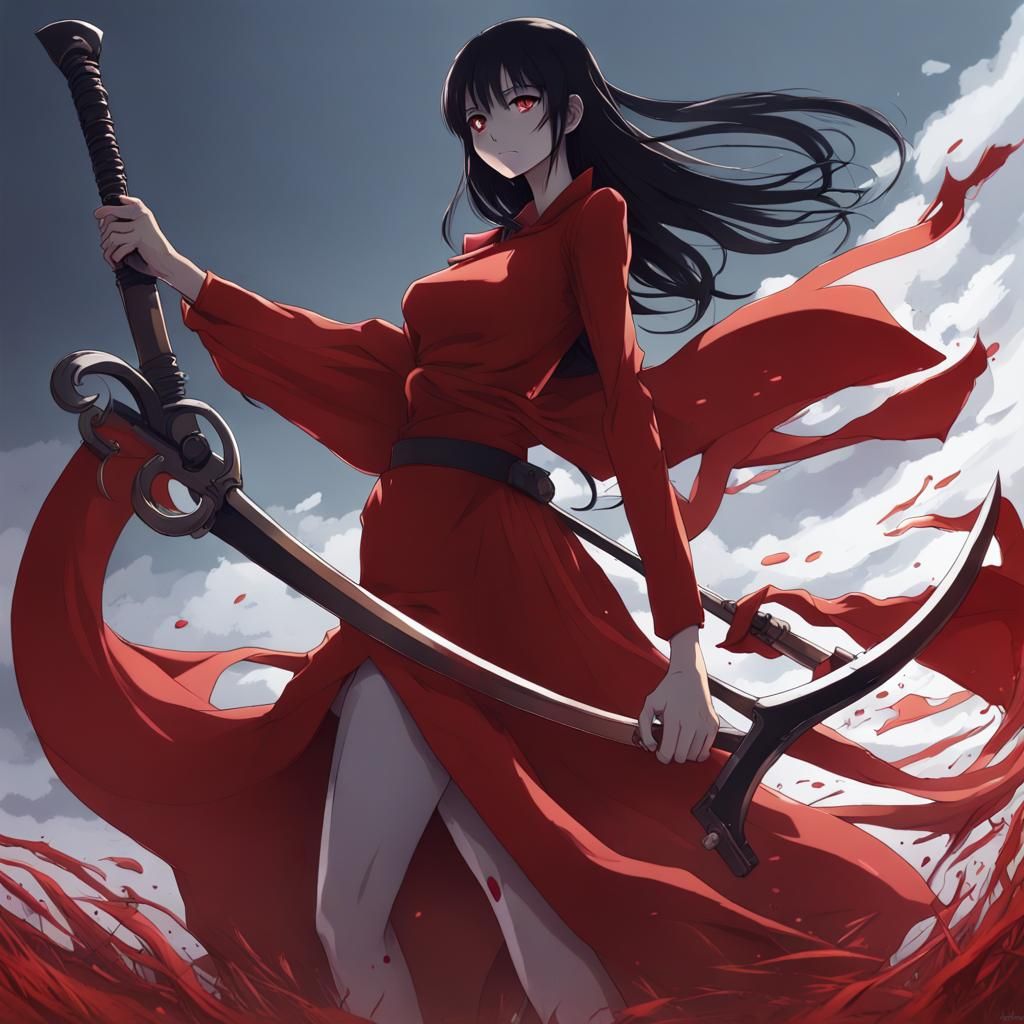 Anime Grim Reaper in Red Dress with Scythe