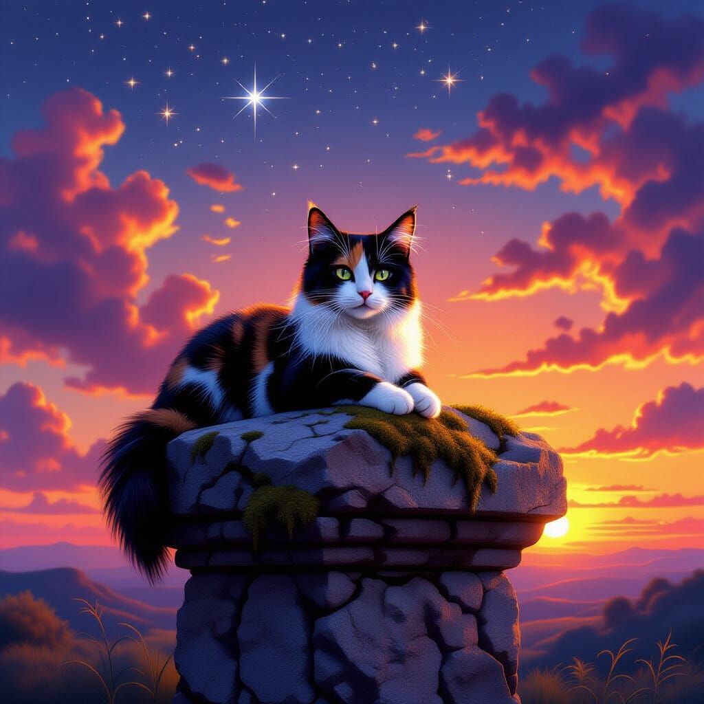 Calico Cat on Rock Pedestal at Sunset with Stars