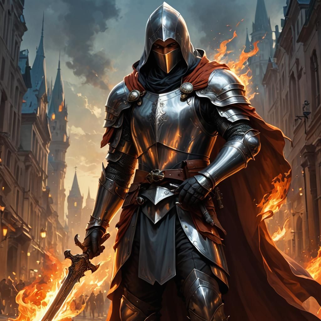 Epic Knight with Flaming Sword in Fantasy City