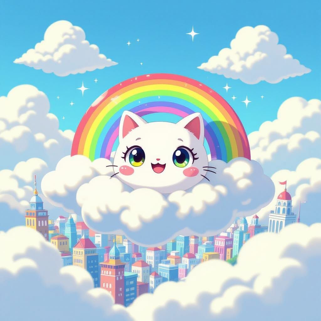 Cartoon Rainbow Cat Floating in Cloud City