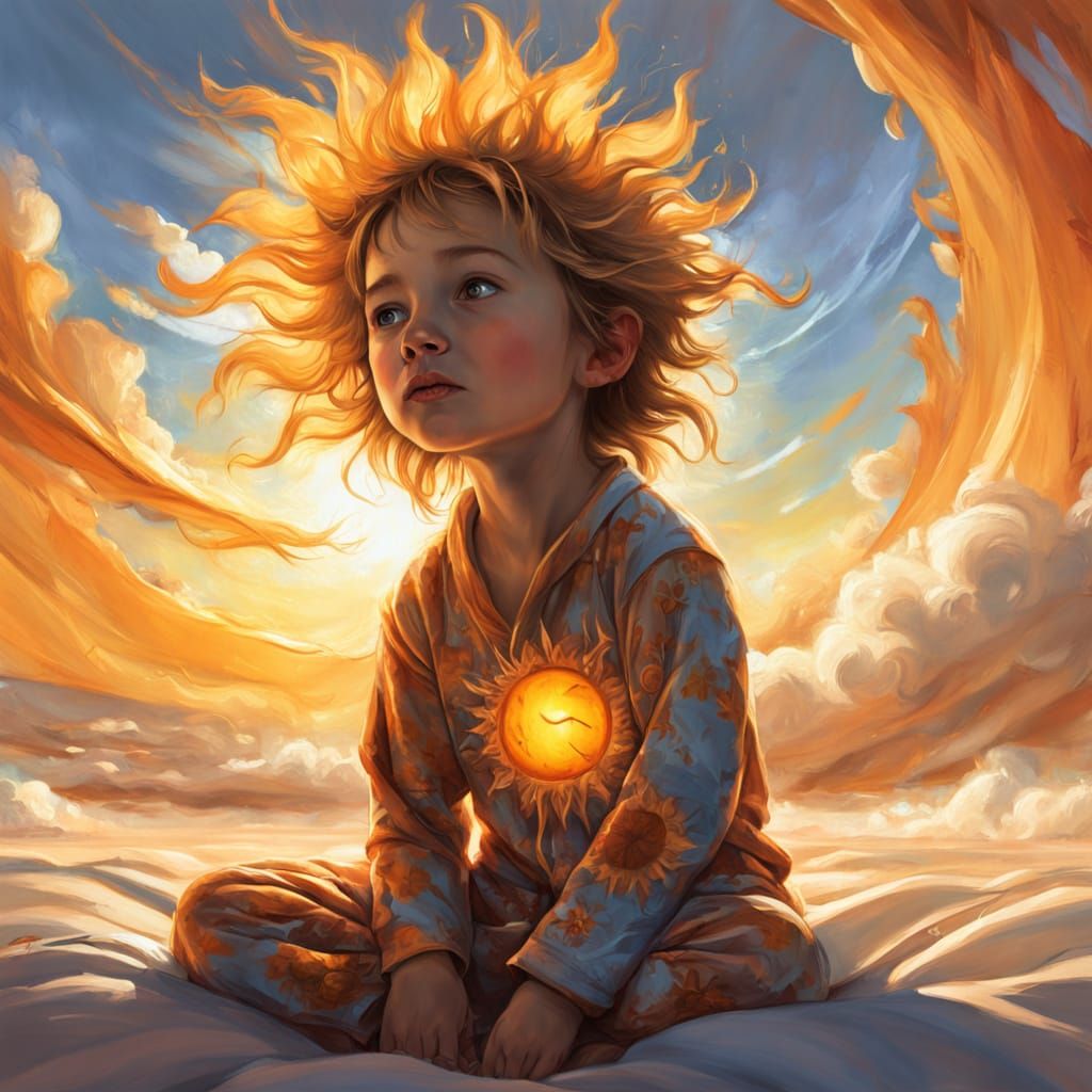 Child Wakes the Giant Fluffy Sun in Whimsical Dawn