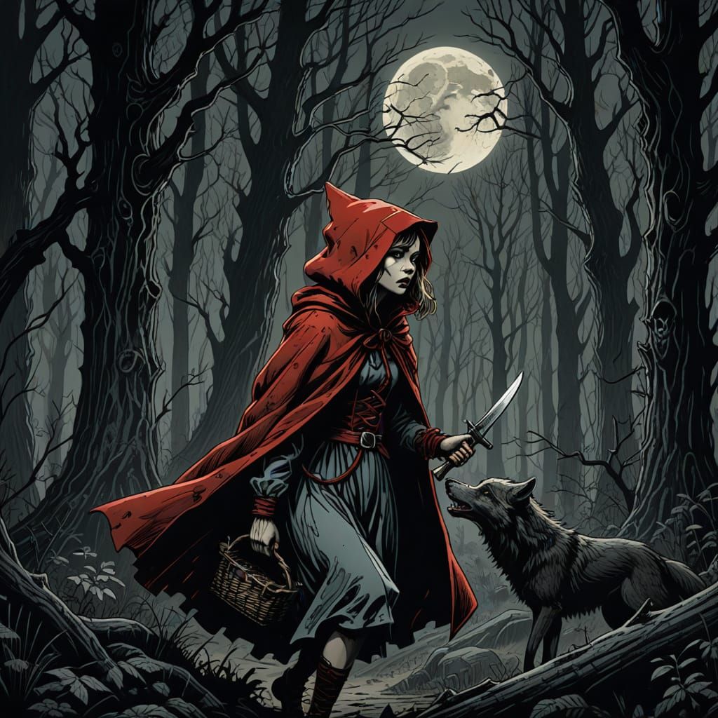 Red Riding Hood with Knife, Seeking Wolf in Eerie Forest