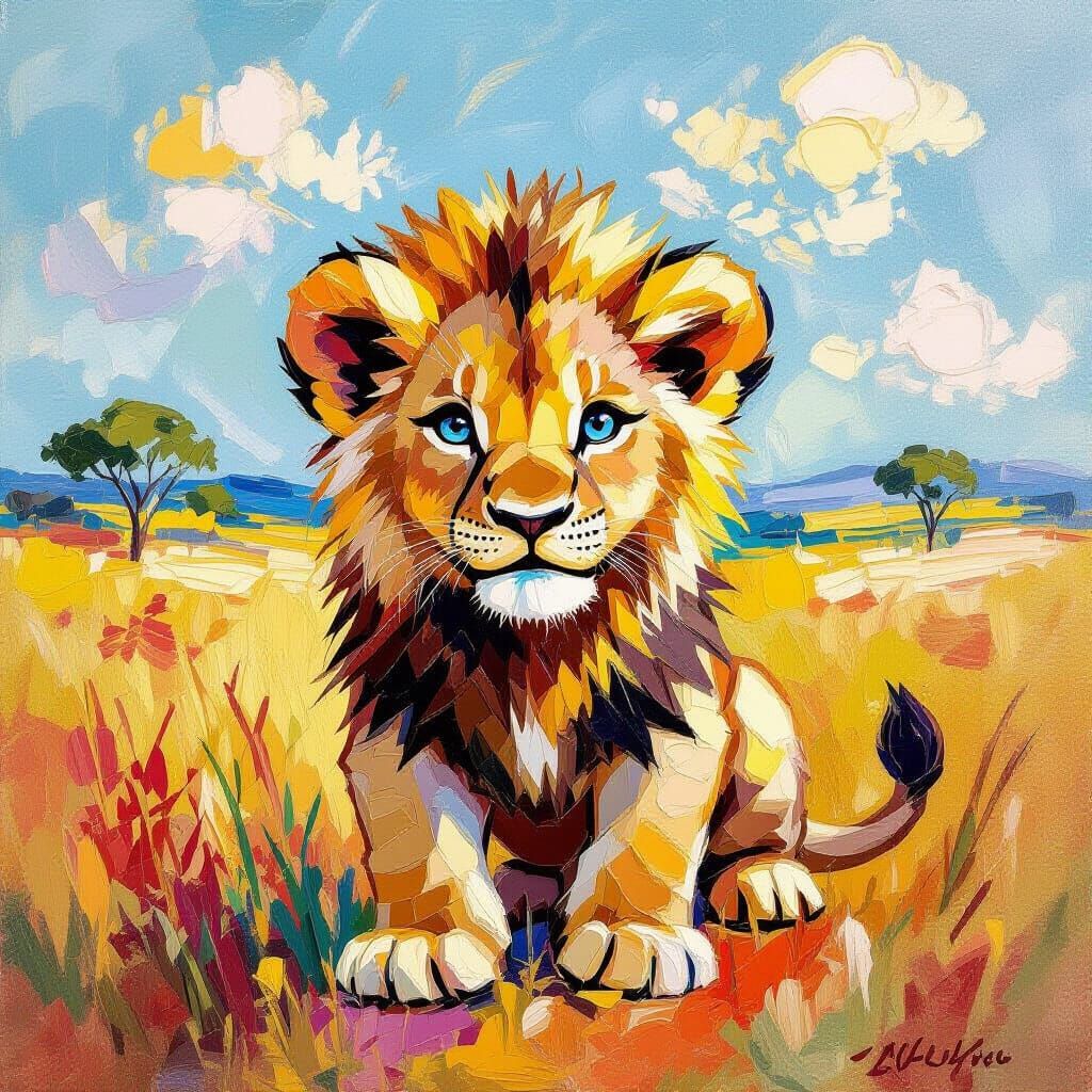 Playful Lion Cub in Soft Savanna Landscape