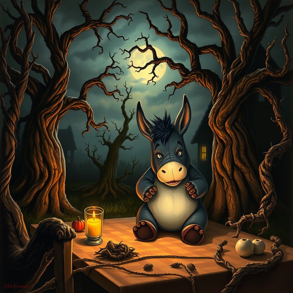 Whimsical Cottage Scene with Terrified Baby Eeyore