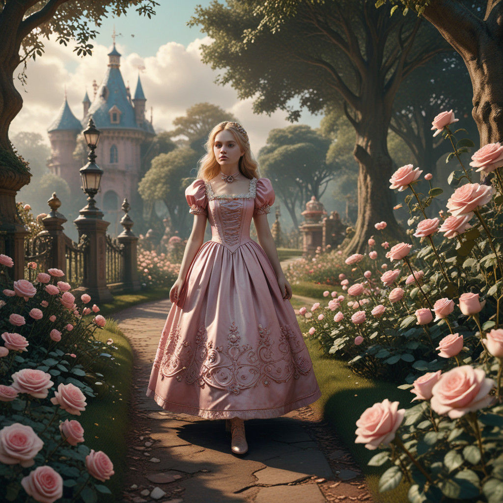 Whimsical Victorian Park Scene with Alice Inspired Fantasy