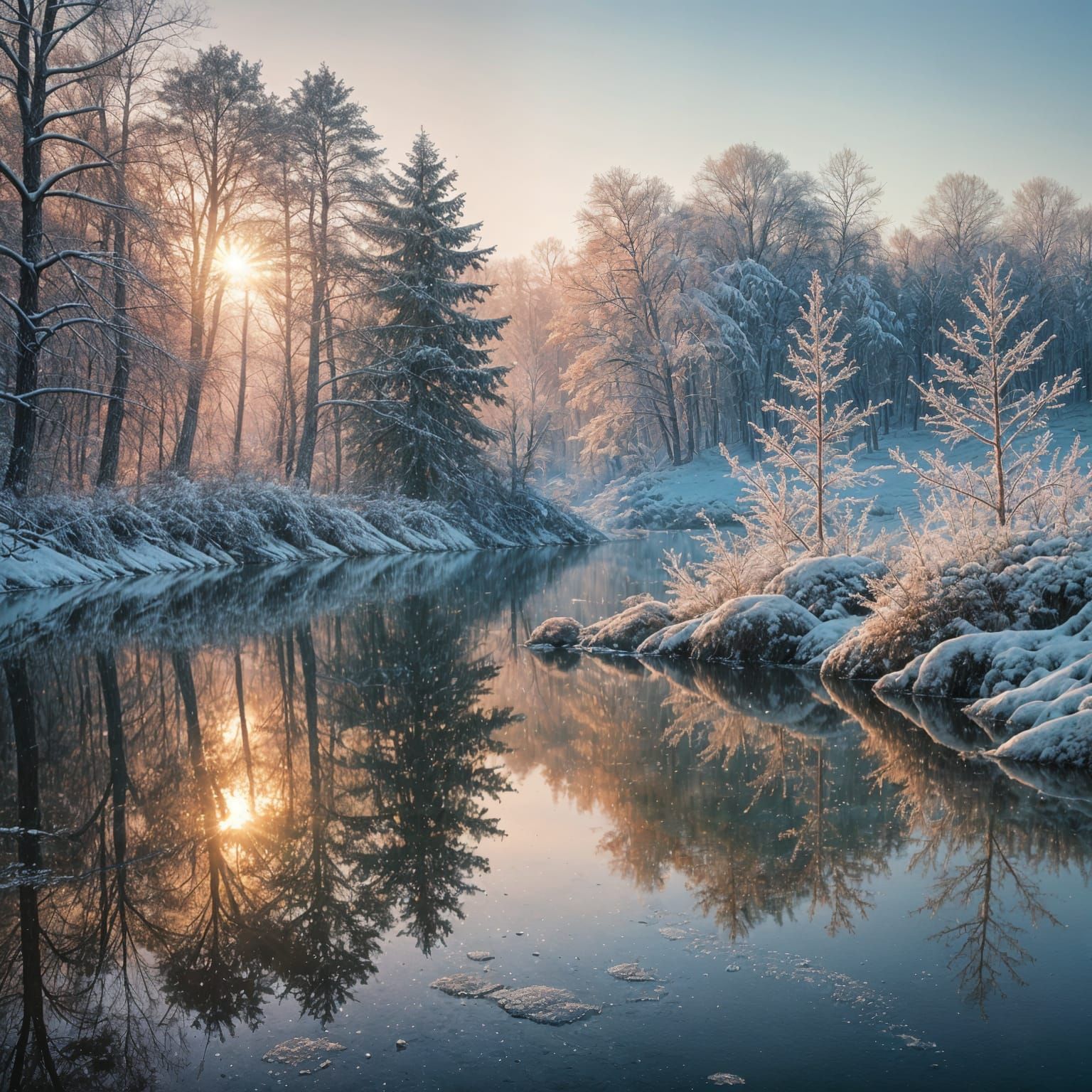 Surreal Winter Lake Forest Landscape