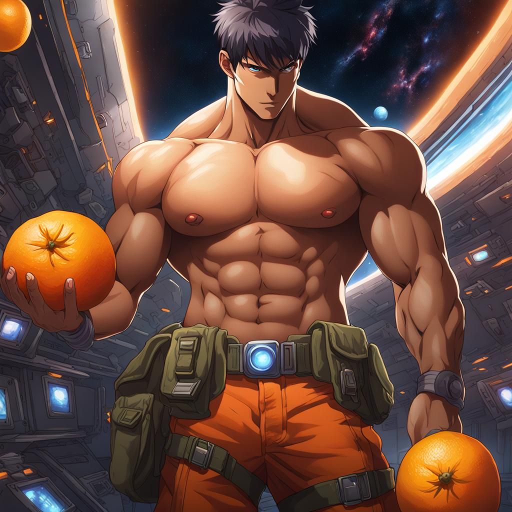 Shirtless Men with Oranges in Space, Dark Fantasy Art