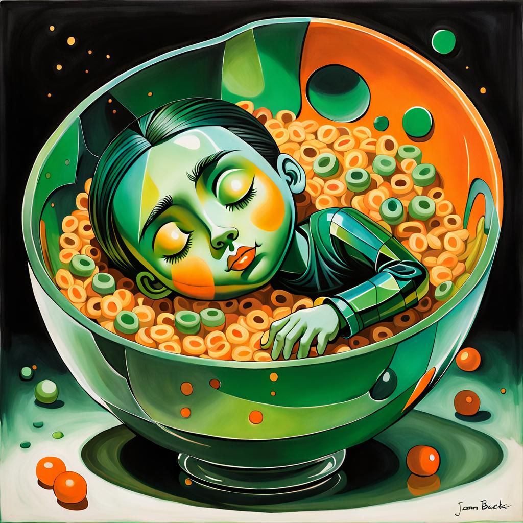 Man Asleep in Cereal Bowl: Cubist Alcohol Ink Art