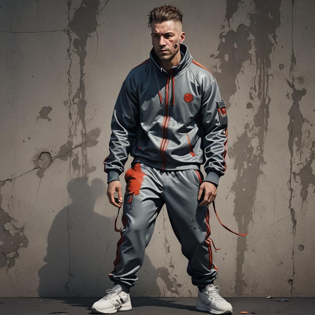 Bound Figure in Tracksuit: Detailed Matte Painting