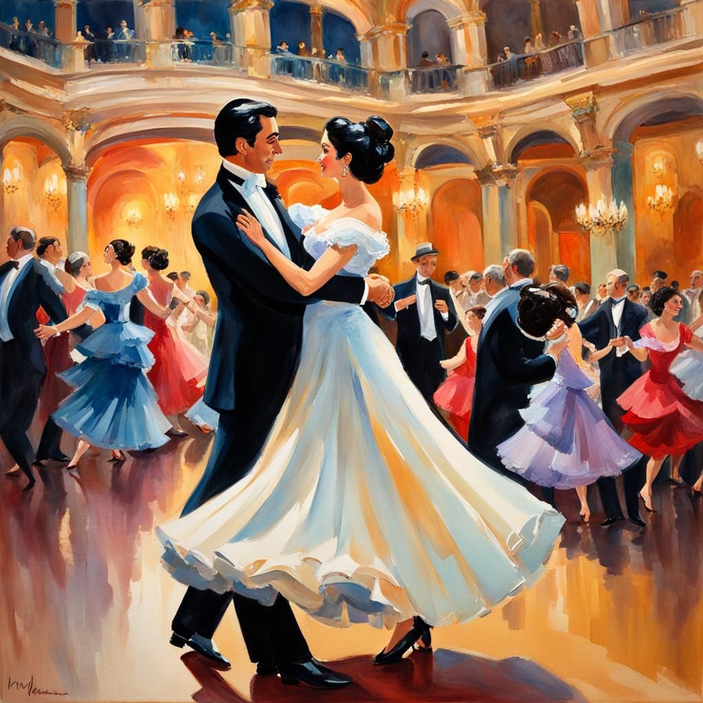 Couple Dancing Waltz in Gouache Style Ballroom