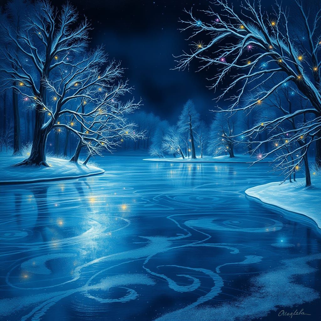 Frozen Lake Radiant with Fairy Lights in a Whimsical Winter ...