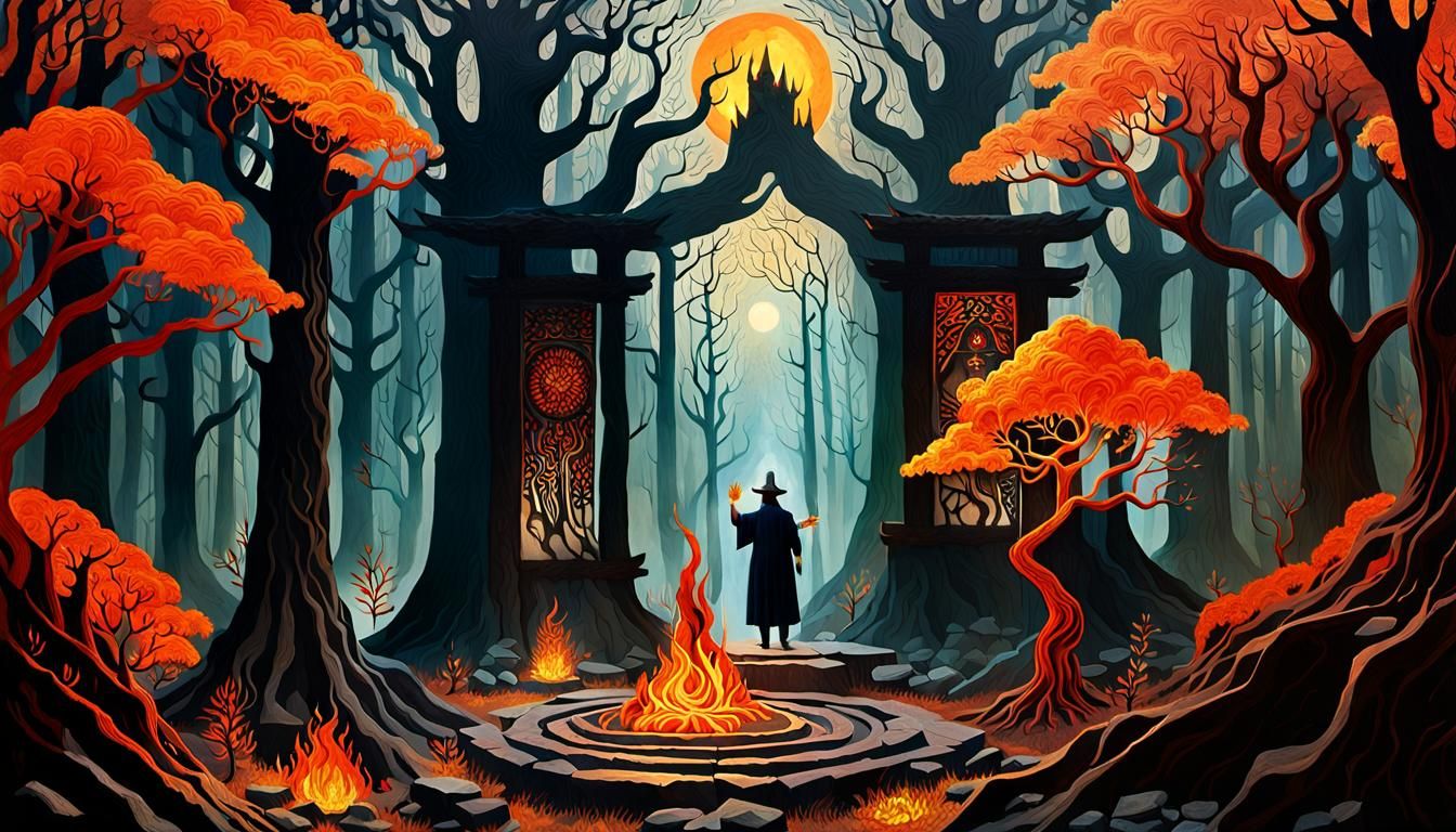 Shaman Summoning Fire Spirit: Cut Paper Collage