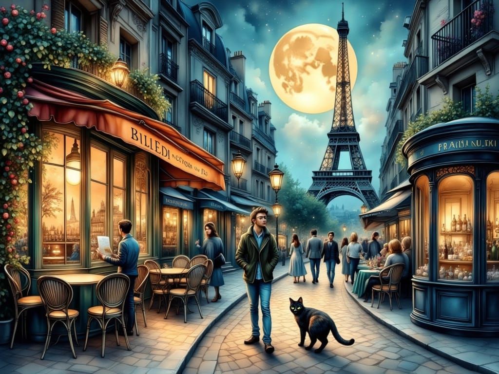 Whimsical Parisian Cat Roams Moonlit Streets in Art Nouveau ...