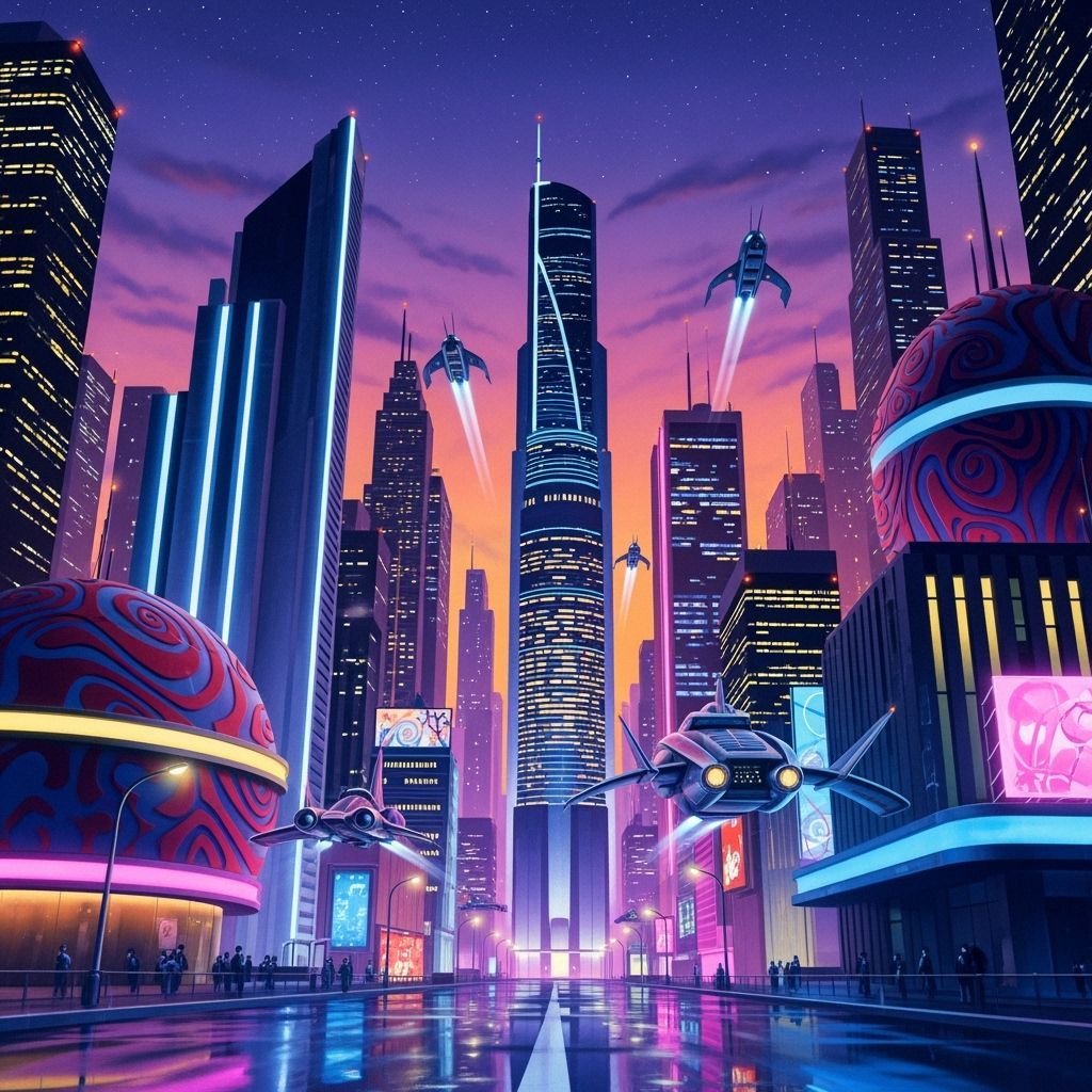 Airbrushed Retro-Futuristic Cityscape with Neon Lights
