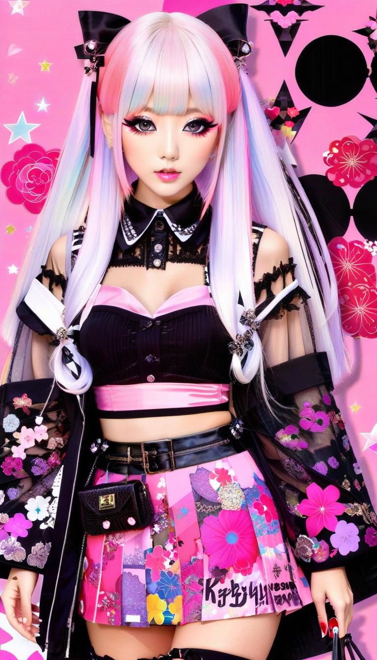 colorful collage of stylish pretty Japanese girls wearing va...