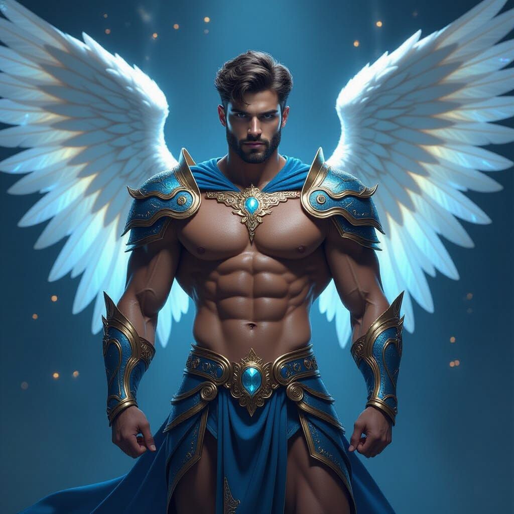 Muscular Angel in Blue Gold Armor, Zodiac Power