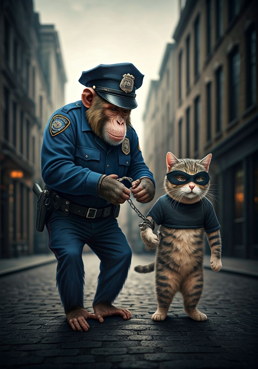 Monkey Cop Apprehends Cat Burglar in Photorealistic Style
