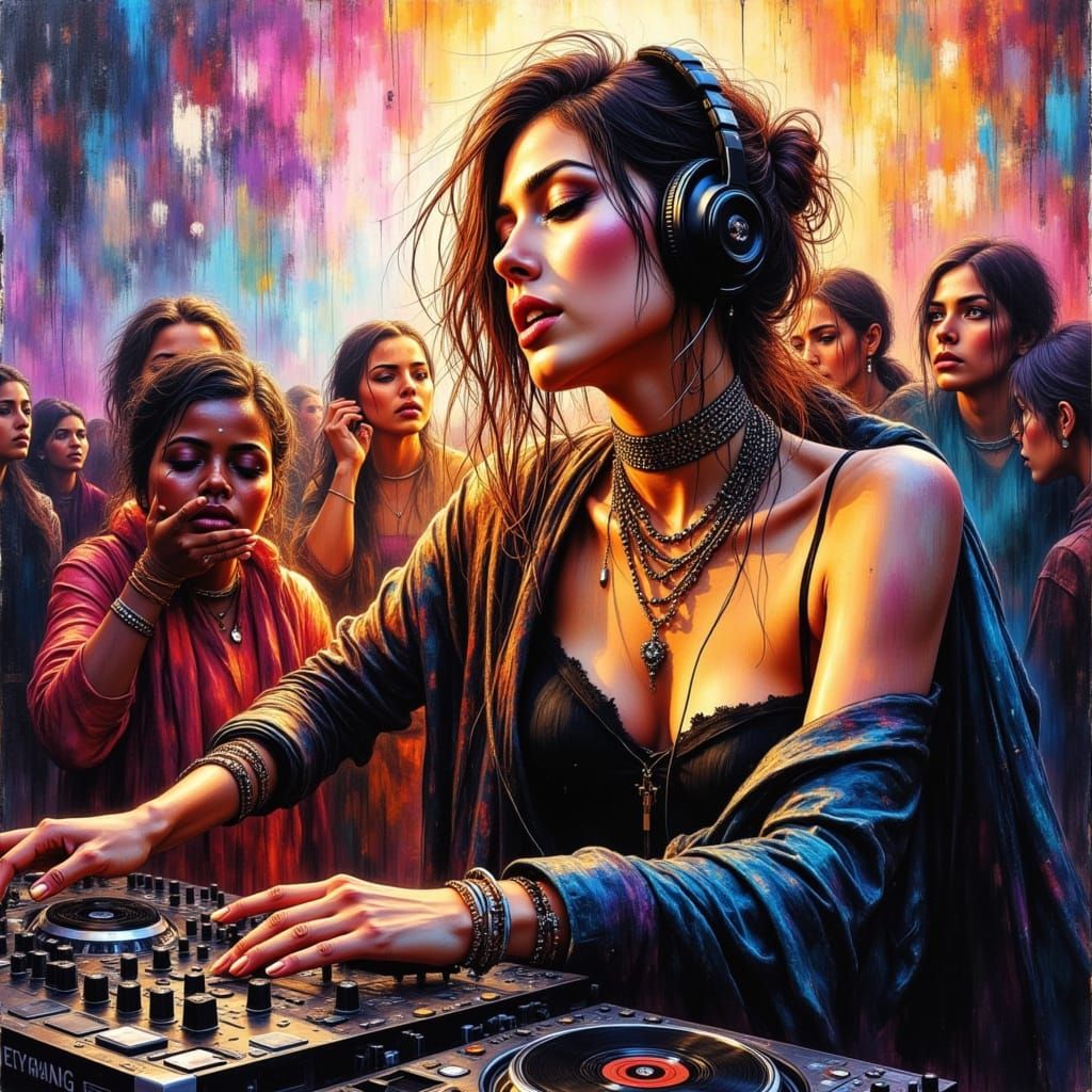 Female DJ at Energetic Party Photorealistic Impasto Painting