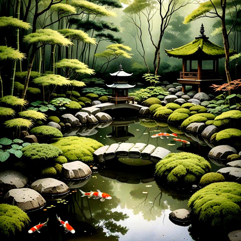 Serene Japanese Garden Watercolor Painting