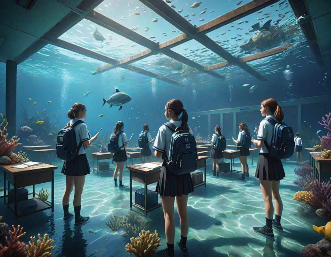 Underwater Classroom: Hyperrealistic Students in Water