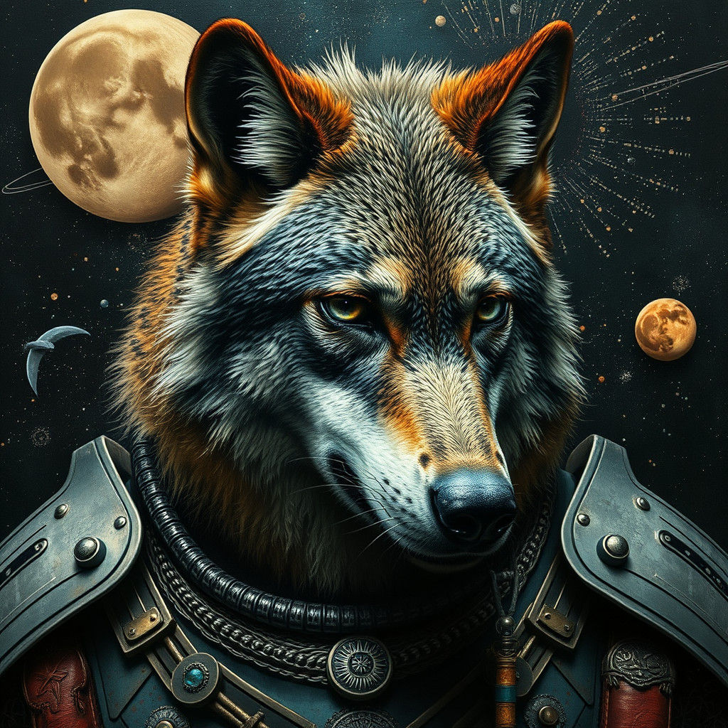 Surrealistic Wolf Man in Cosmic Artistic Fusion