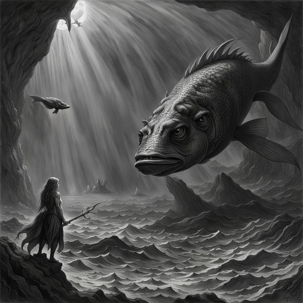 Mermaid Warrior's Shadow Viewed by Curious Fish