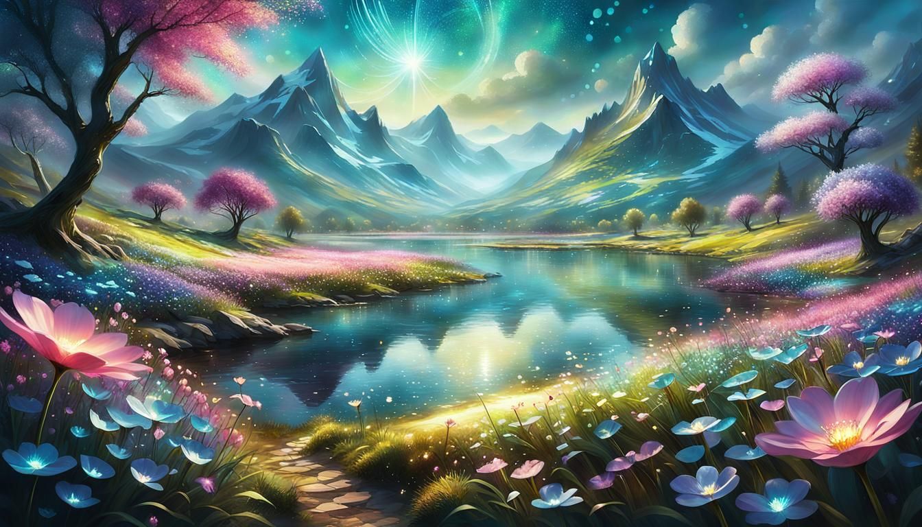 Enchanted Glittercore Spring Landscape with Elven in Etherea...