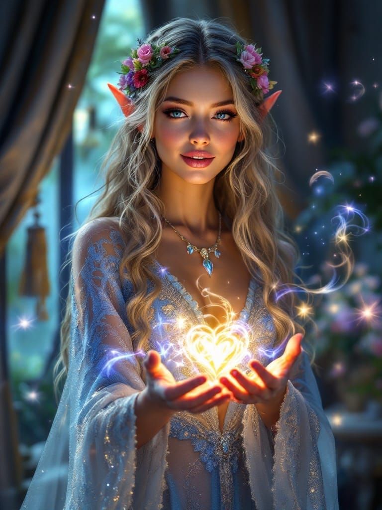 Enchanted Elven Goddess in Moonlit Bedroom