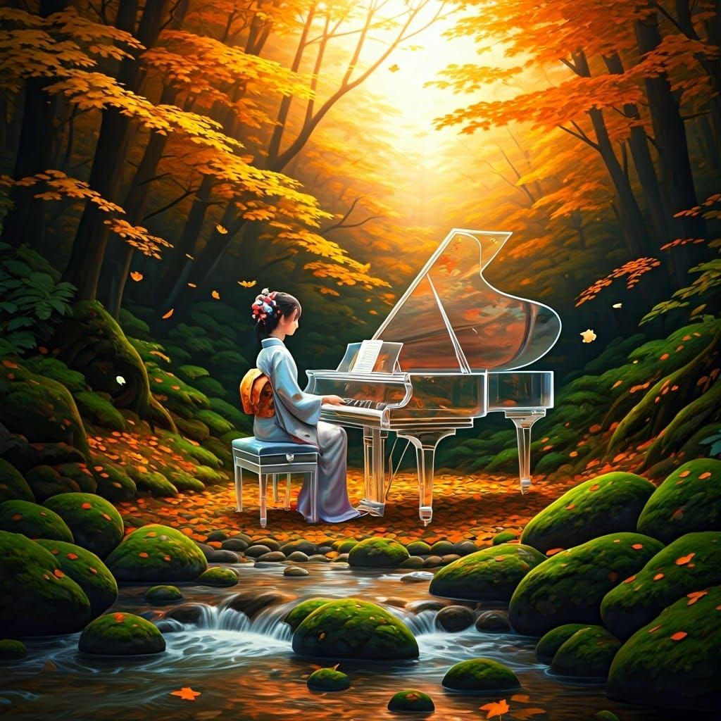 a girl playing piano in a beautiful forest with falling leav...