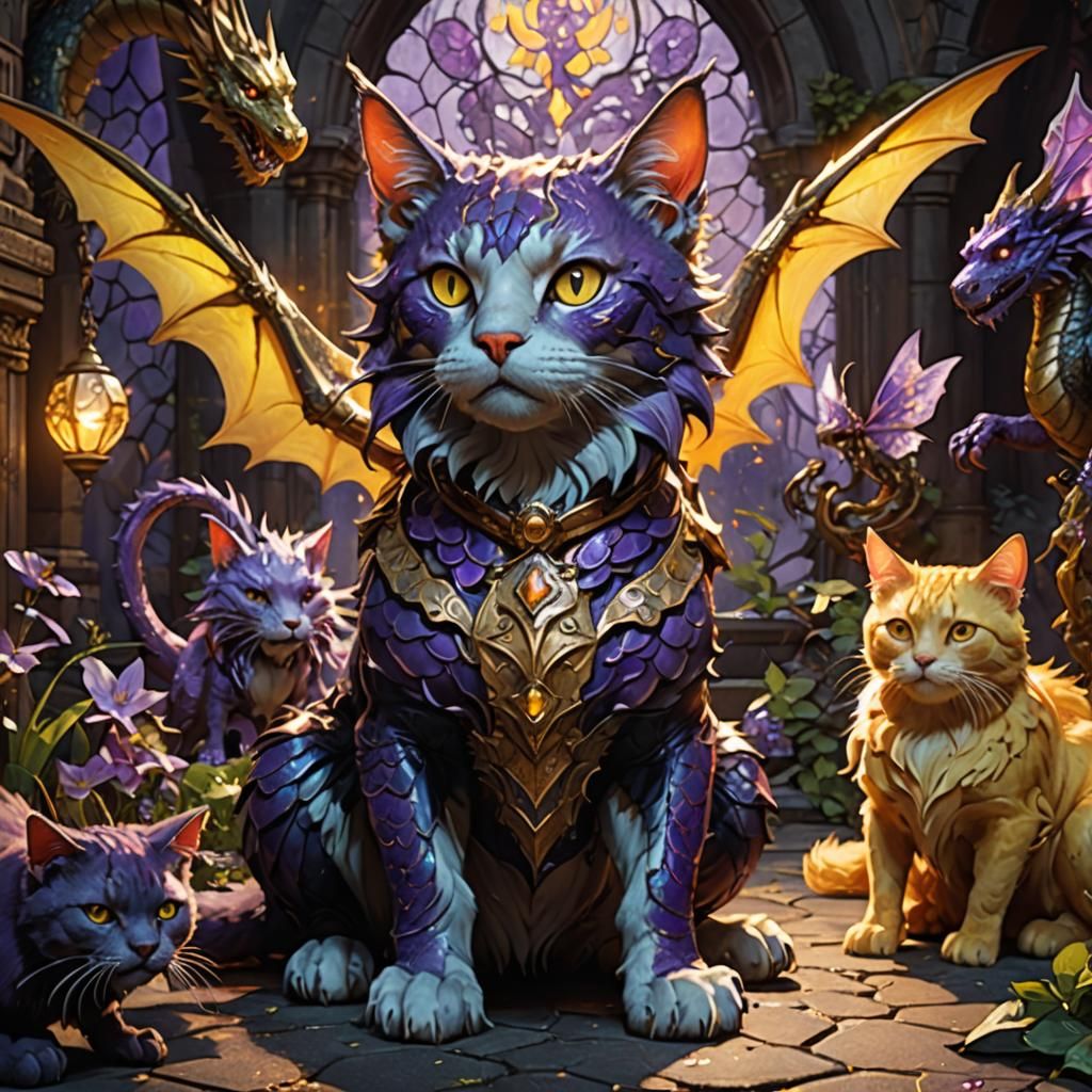 Dark Fantasy Cat, Dragon, Fairy, and Dog